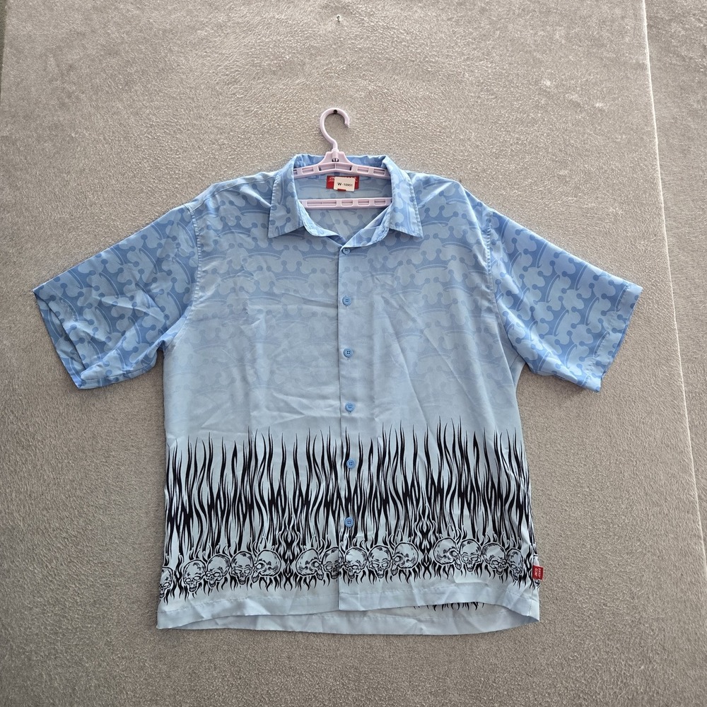 VINTAGE JNCO Jeans Men Button Up Shirt XXL Blue Flames Skulls Tribal Y2K